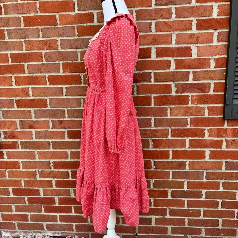Vintage Candi Jones California Red Floral Print Long Sleeve Dress Ruffles Lace - Picture 4 of 9